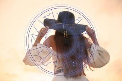 Image of Young woman outdoors and zodiac wheel illustration