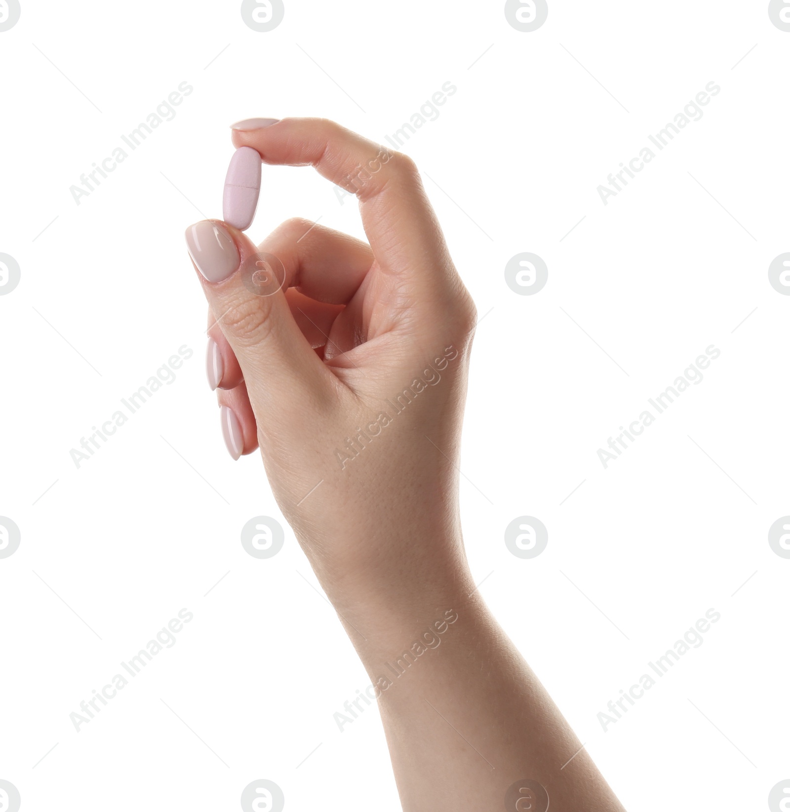 Photo of Woman holding vitamin pill on white background, closeup. Health supplement