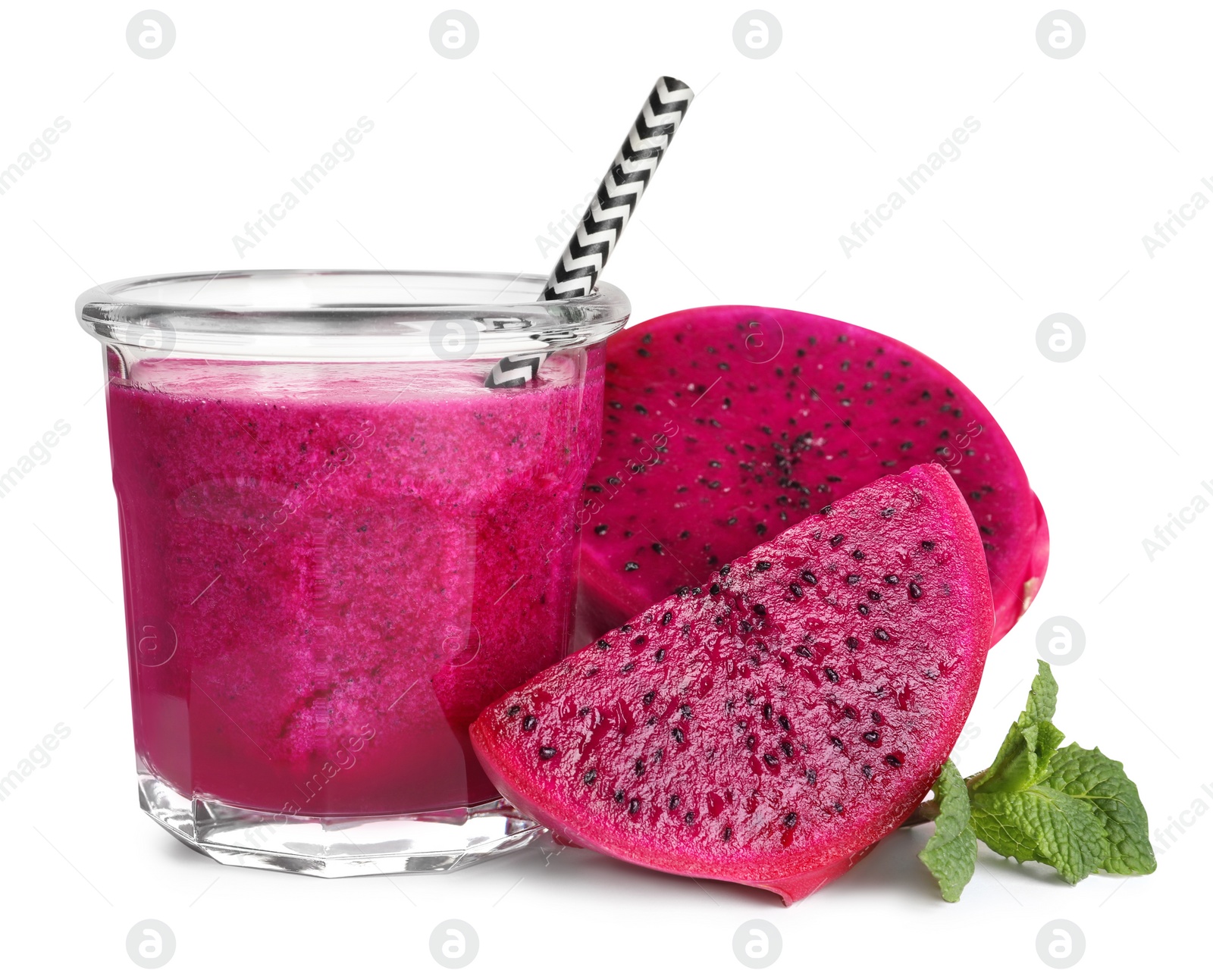 Photo of Glass of tasty pitahaya smoothie, dragon fruit and fresh mint on white background