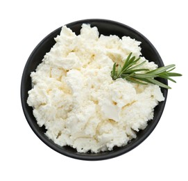 Photo of Delicious tofu cream cheese with rosemary in bowl isolated on white, top view