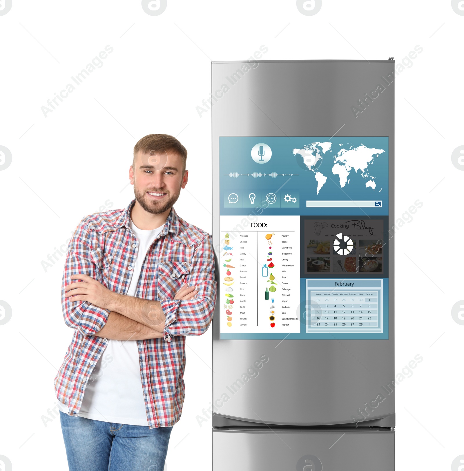 Image of Young man  near smart refrigerator on white background