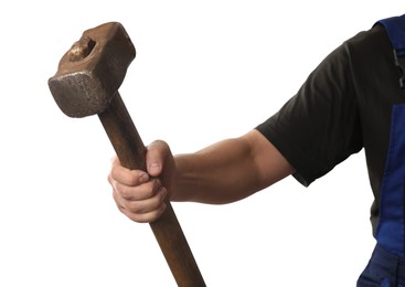 Man with sledgehammer on white background, closeup