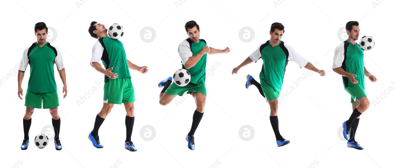 Image of Collage with photos of young man playing football on white background. Banner design