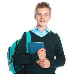 Happy boy in school uniform on white background