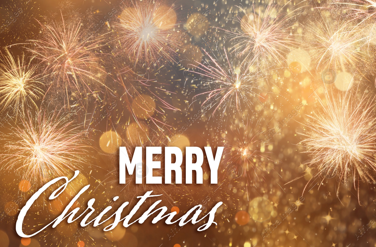 Image of Text Merry Christmas on festive background with fireworks. Bokeh effect