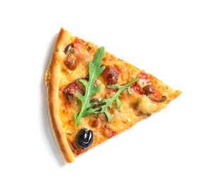 Slice of tasty pizza with olive and sausages on white background
