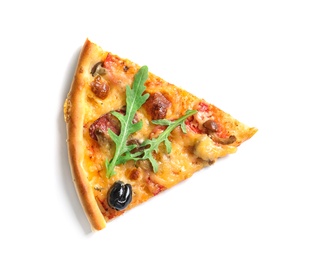 Photo of Slice of tasty pizza with olive and sausages on white background