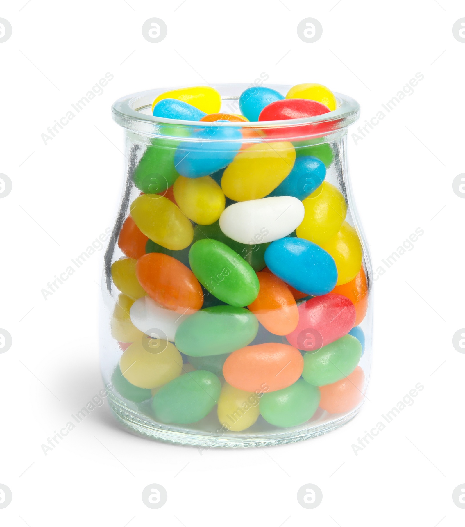 Photo of Jar of delicious color jelly beans isolated on white