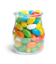 Jar of delicious color jelly beans isolated on white