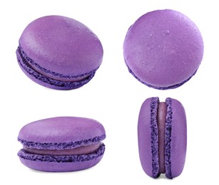 Image of Set with delicious macarons on white background