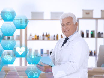 Image of Virtual icons and professional pharmacist in with clipboard in drugstore