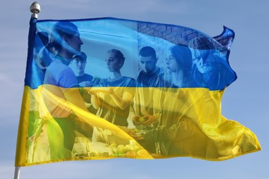 Image of Double exposure of Ukrainian flag outdoors on sunny day and refugees receiving food from volunteers. Help during war
