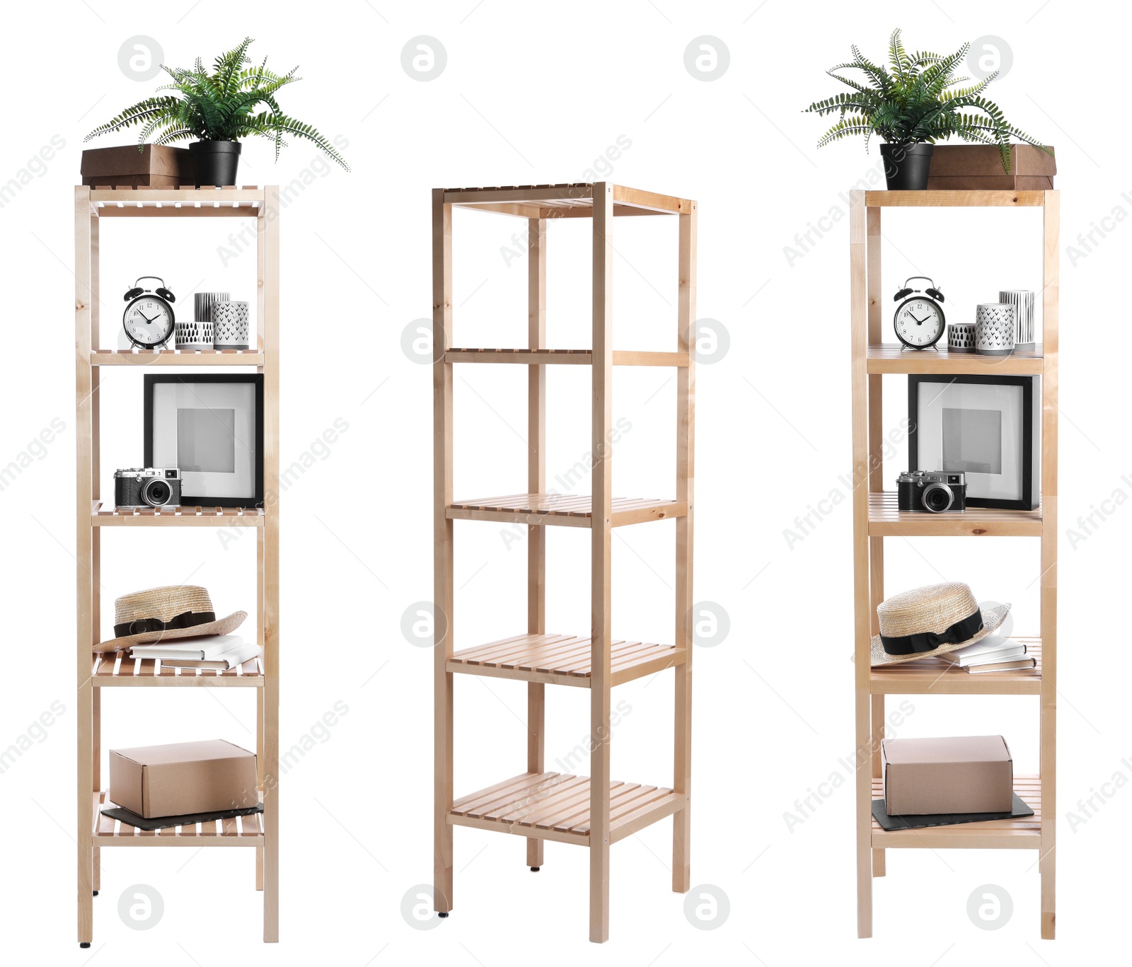 Image of Set with wooden shelving units and different items on white background