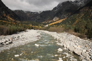 Picturesque view of river in mountains with forest on autumn day