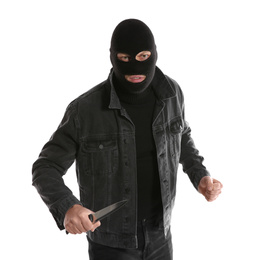 Photo of Man in mask with knife on white background. Dangerous criminal