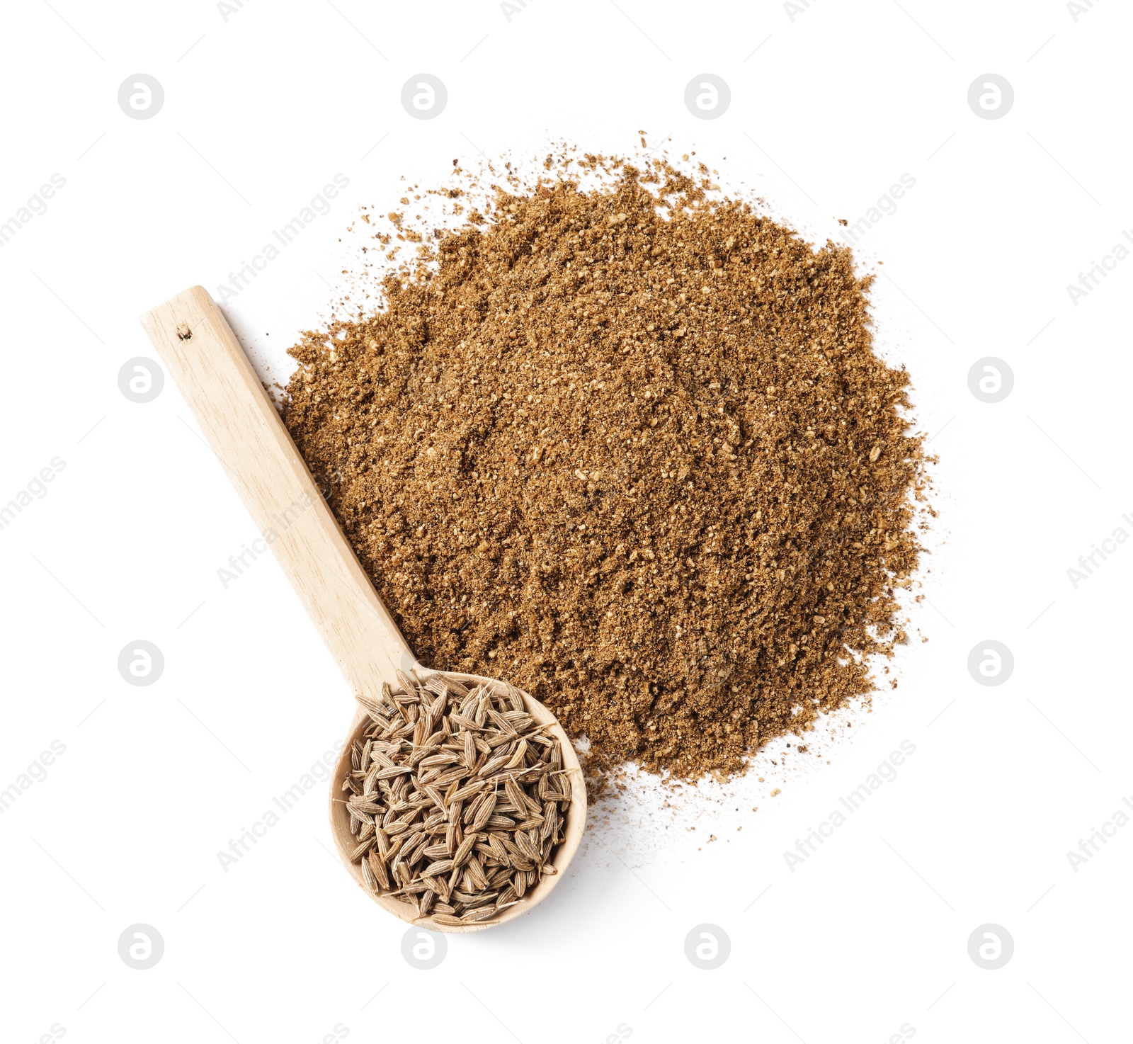 Photo of Heap of aromatic caraway (Persian cumin) powder and wooden spoon of seeds isolated on white, top view