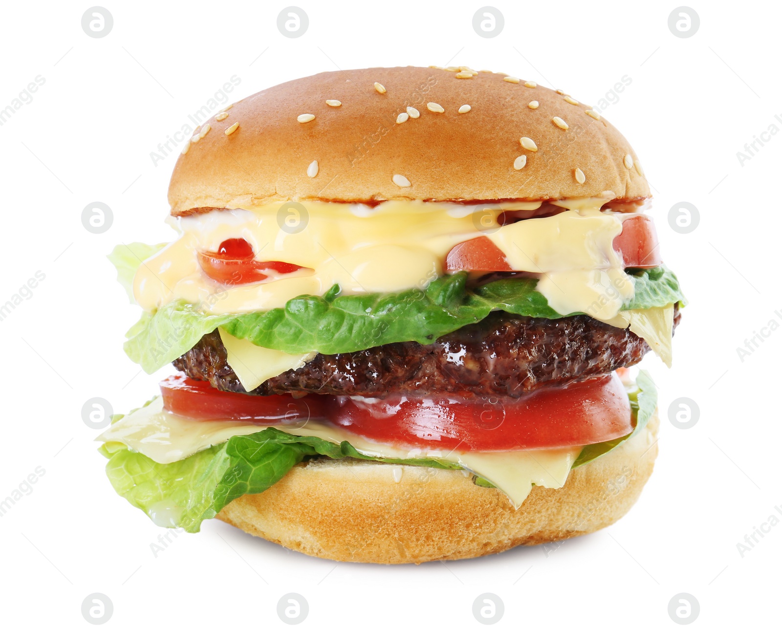 Photo of Burger with delicious patty isolated on white