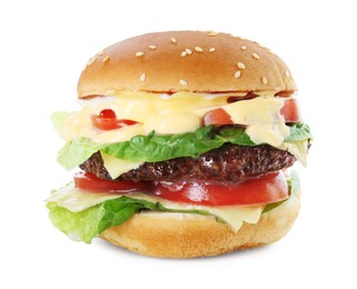 Photo of Burger with delicious patty isolated on white