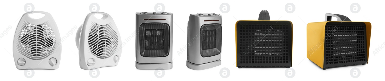 Image of Different modern electric heaters on white background, collage. Banner design