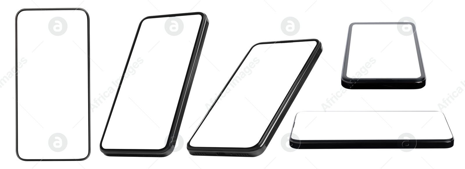 Image of Smartphone with empty screen on white background, different angles. Mockup for design