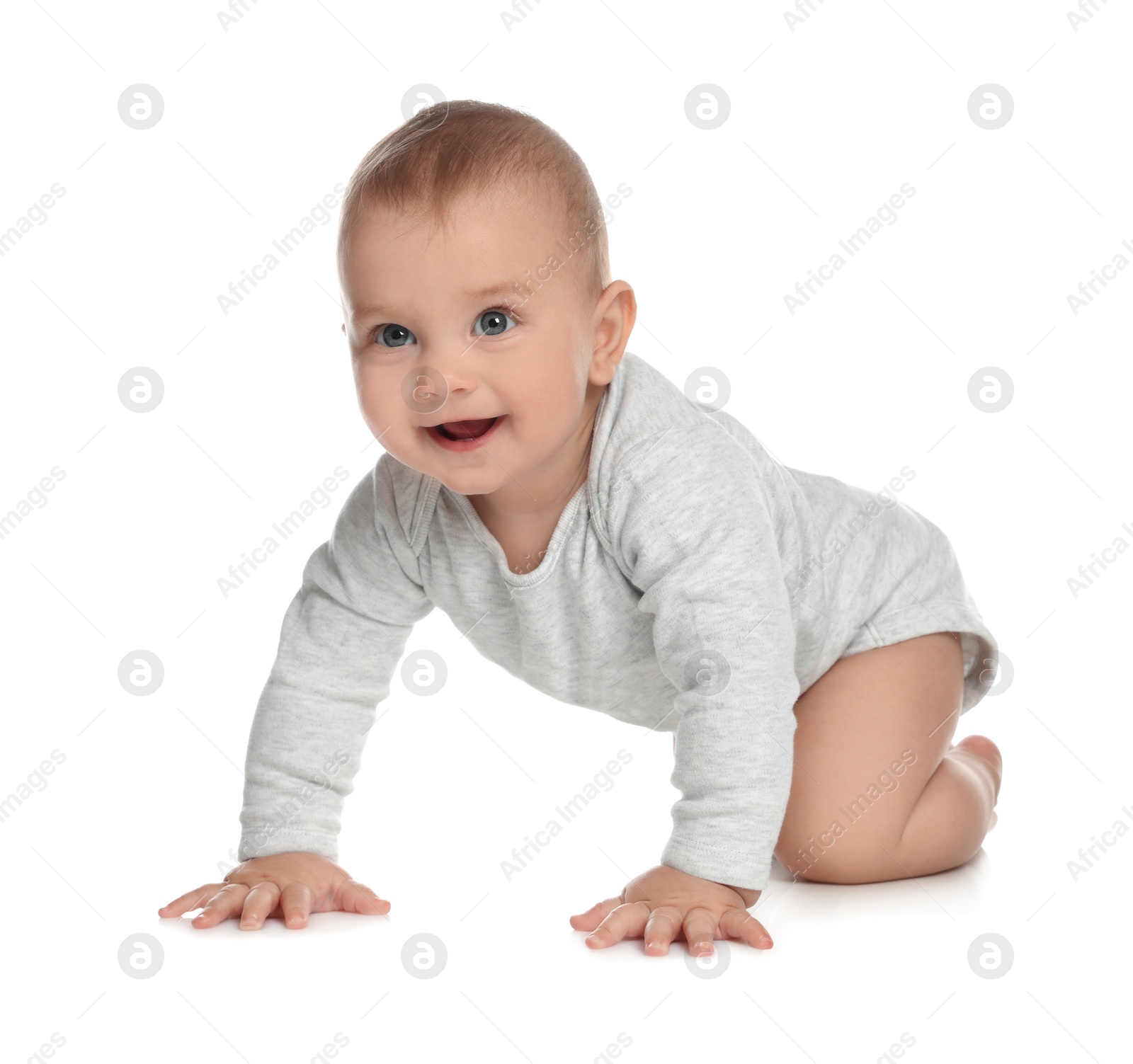 Photo of Cute little baby crawling on white background