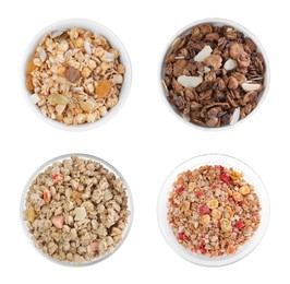 Set with different delicious granola in bowls on white background, top view