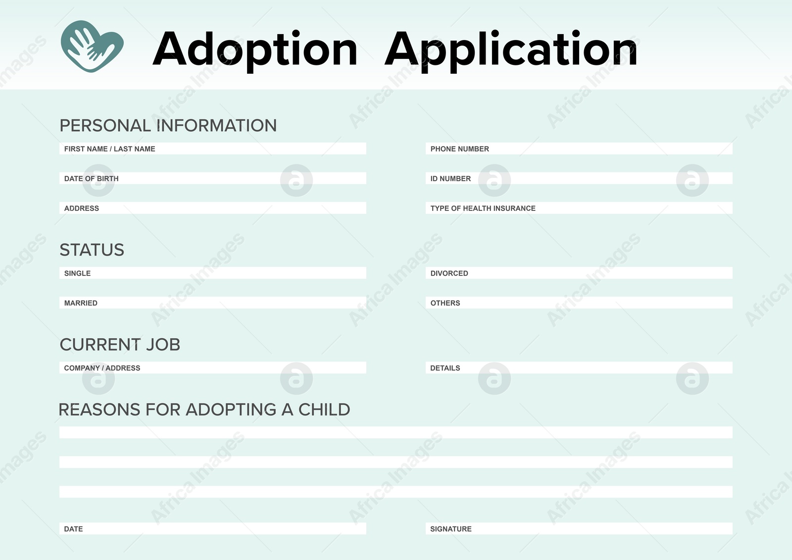 Illustration of Child adoption application. Questionnaire with space for answers 