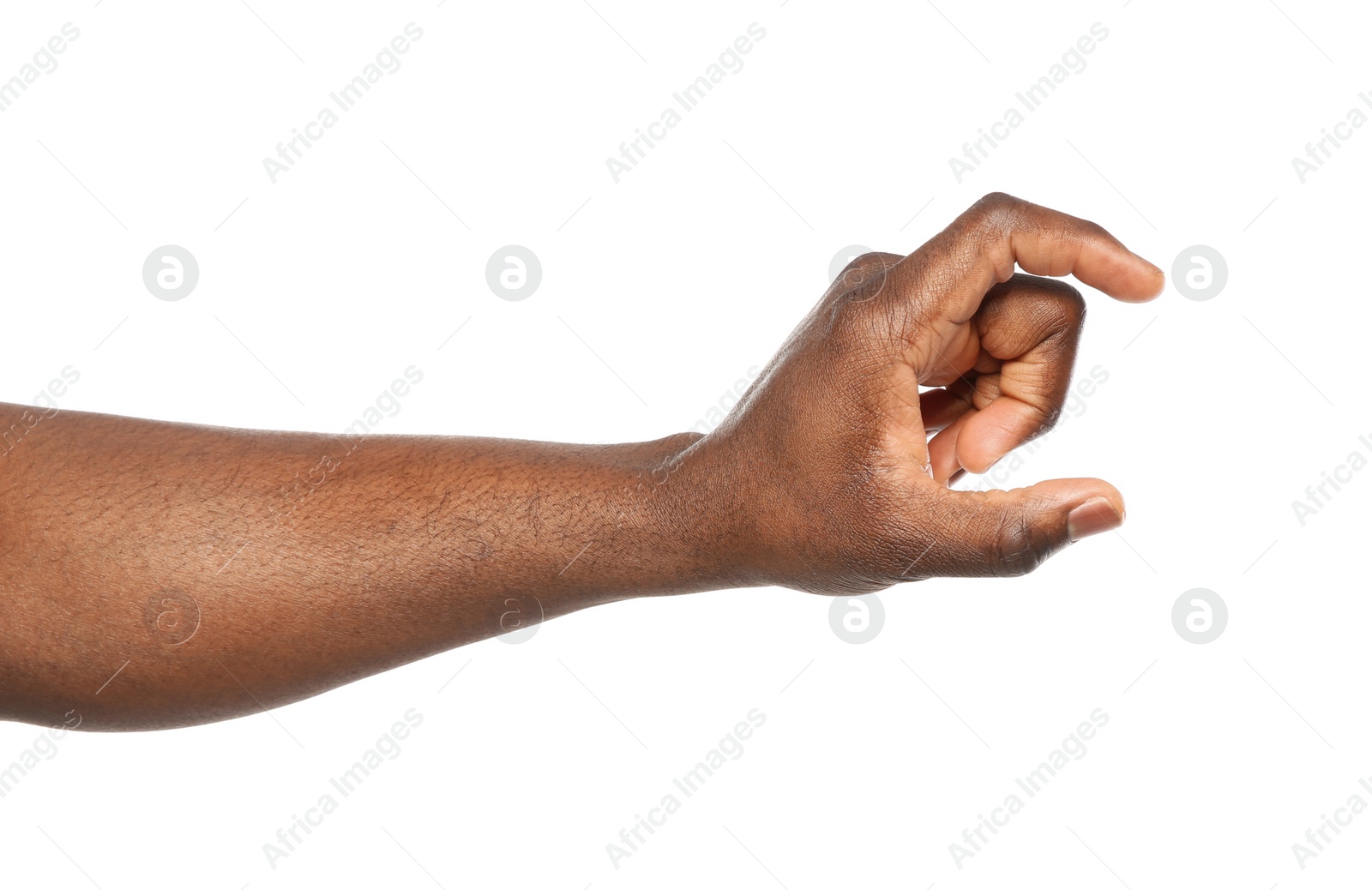 Photo of African-American man holding something in hand on white background, closeup