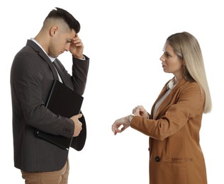 Photo of Business woman scolding employee for being late on white background