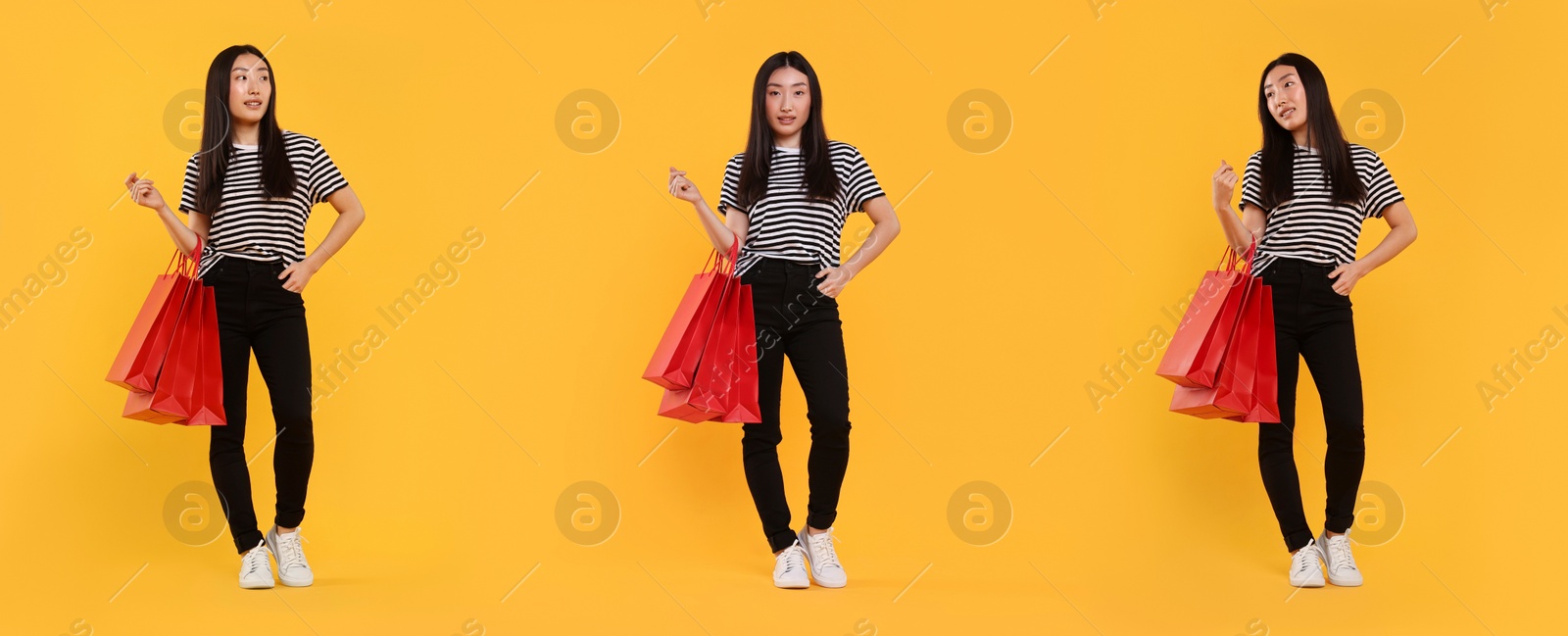 Image of Woman with shopping bags on orange background, set with photos