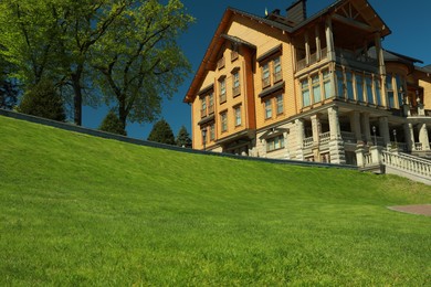 Photo of Beautiful viewfresh green grass growing near house outdoors