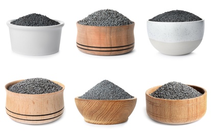 Image of Set of bowls with poppy seeds on white background