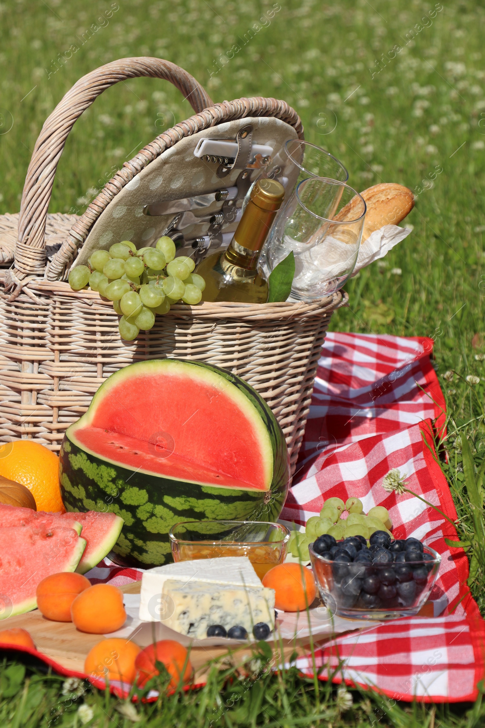 Photo of Picnic blanket with delicious food and wine outdoors on summer day