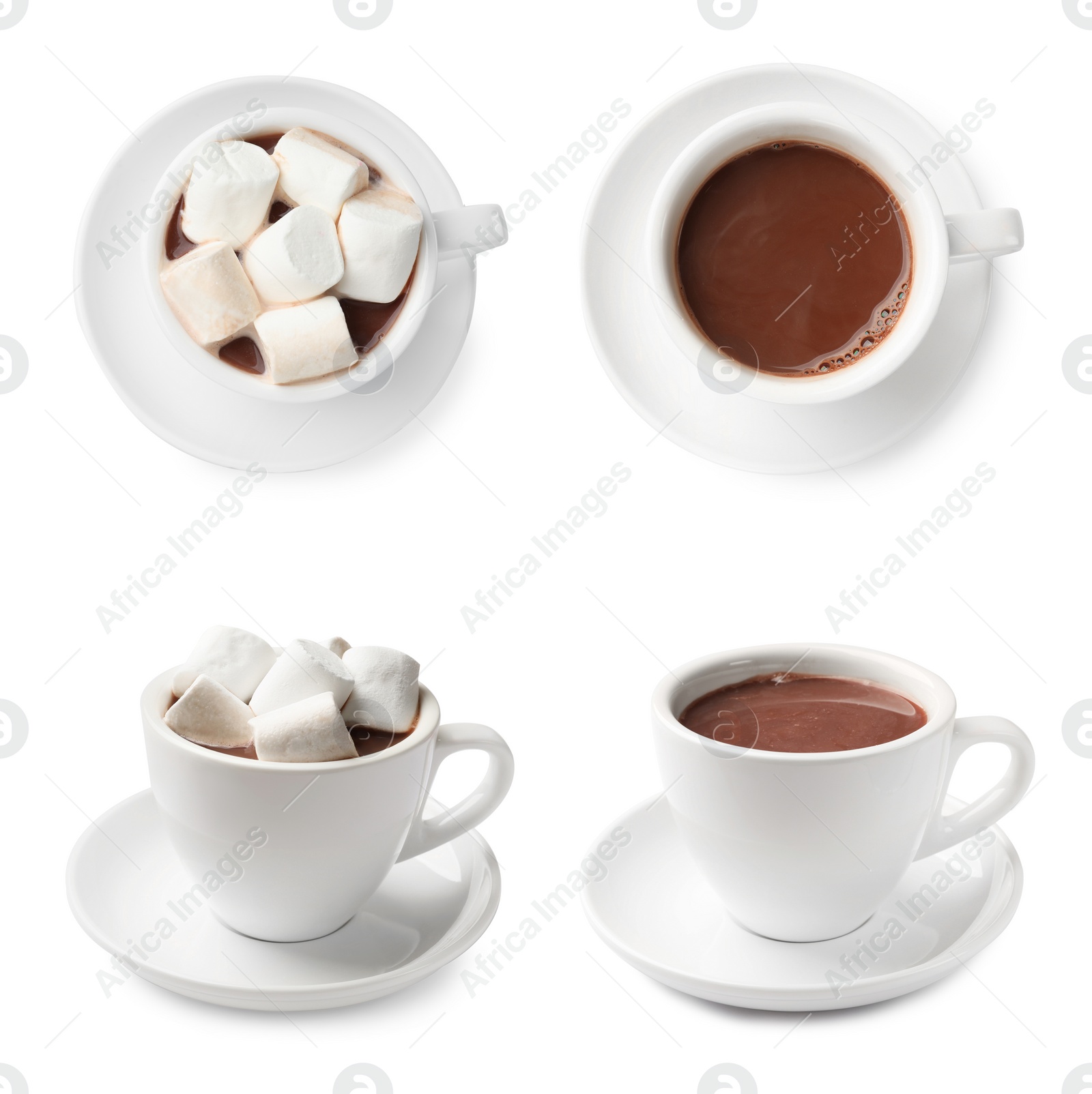 Image of Delicious hot chocolate with marshmallows in cups isolated on white, top and side views