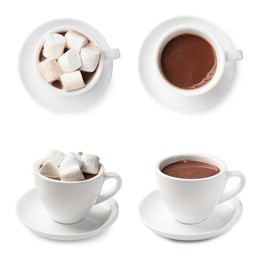 Image of Delicious hot chocolate with marshmallows in cups isolated on white, top and side views