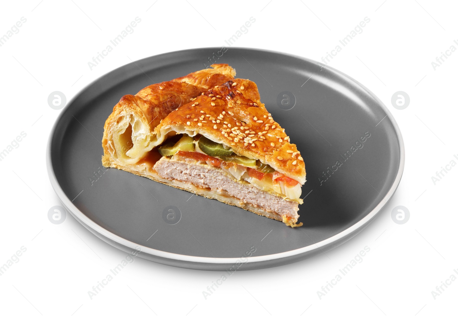 Photo of Piece of tasty homemade pie with filling isolated on white