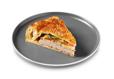 Photo of Piece of tasty homemade pie with filling isolated on white