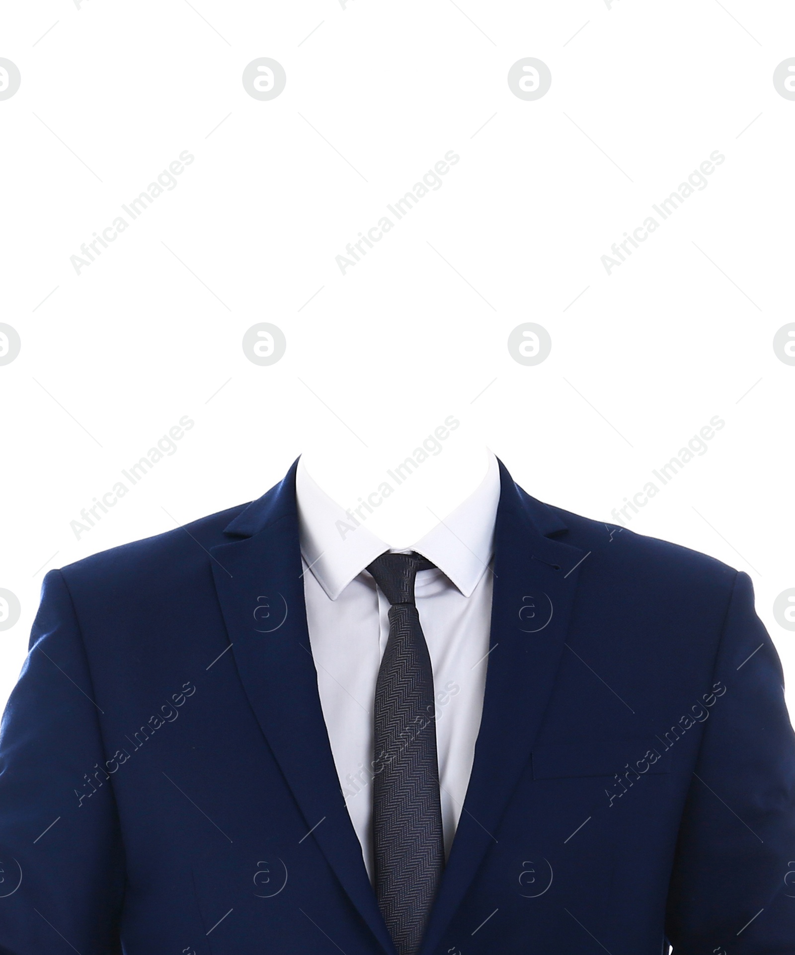 Image of Outfit replacement template for passport photo or other documents. Office jacket, shirt and necktie isolated on white