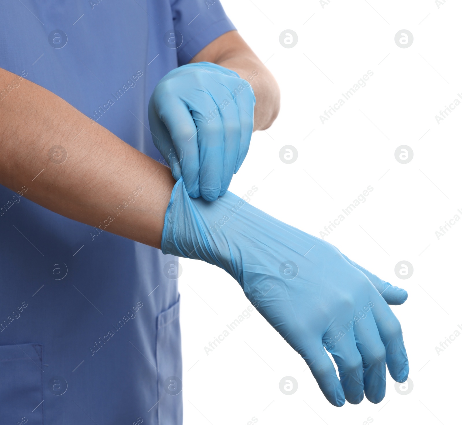 Photo of Doctor wearing light blue medical glove on white background, closeup