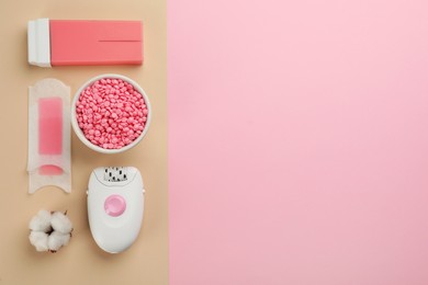 Photo of Set of epilation products on color background, flat lay. Space for text