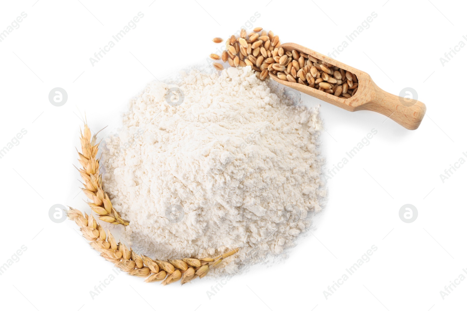 Photo of Pile of wheat flour, grains and spikes on white background, top view