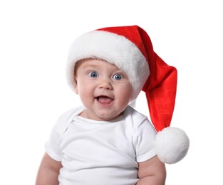 Photo of Cute baby in Santa hat on white background. Christmas celebration