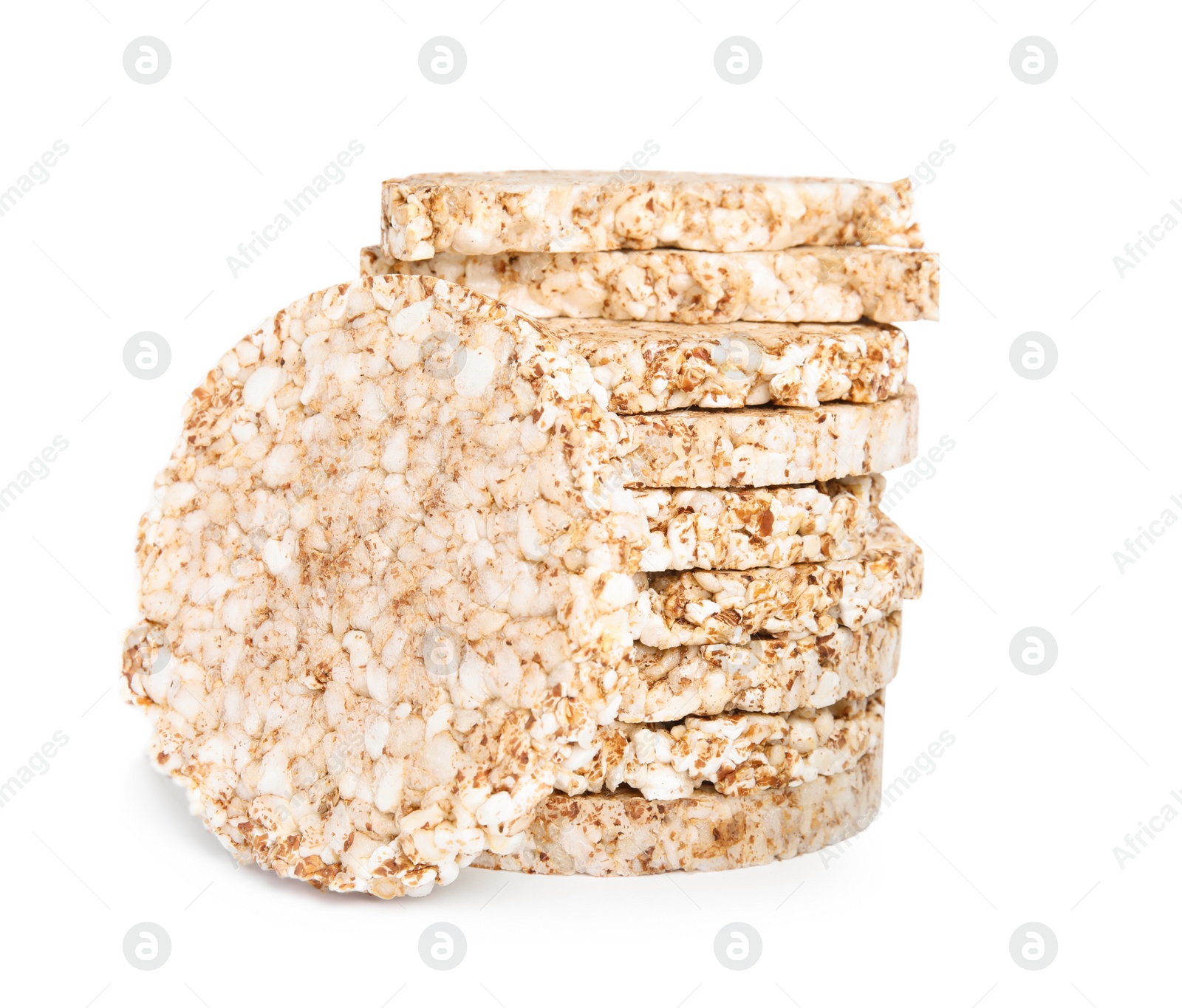 Photo of Stack of crunchy buckwheat cakes on white background