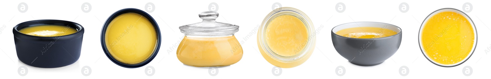 Image of Set with tasty ghee butter on white background. Banner design