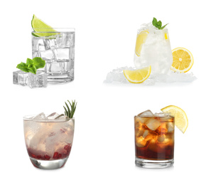 Set of different delicious cocktails with ice cubes on white background