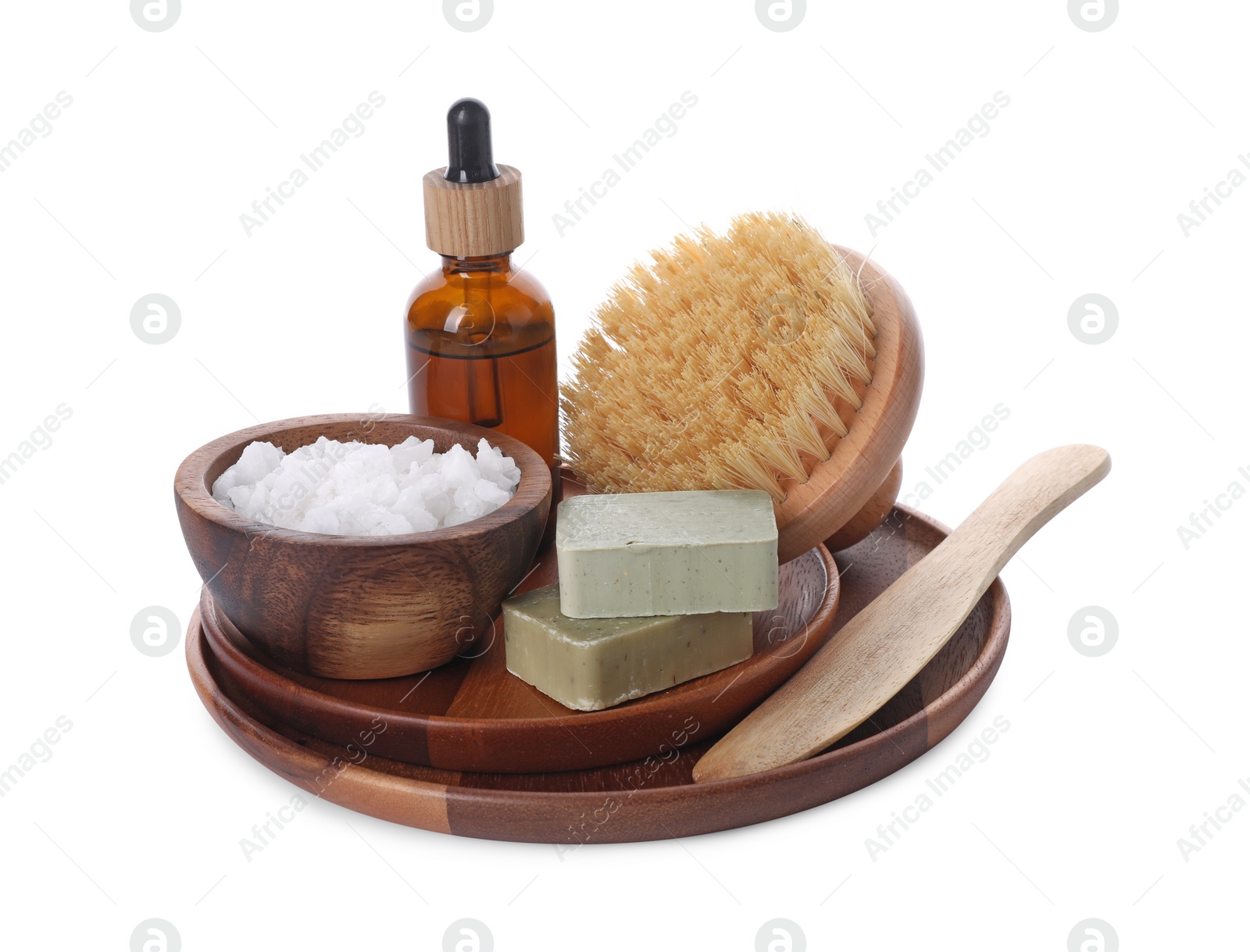Photo of Spa composition with sea salt and soap bars isolated on white
