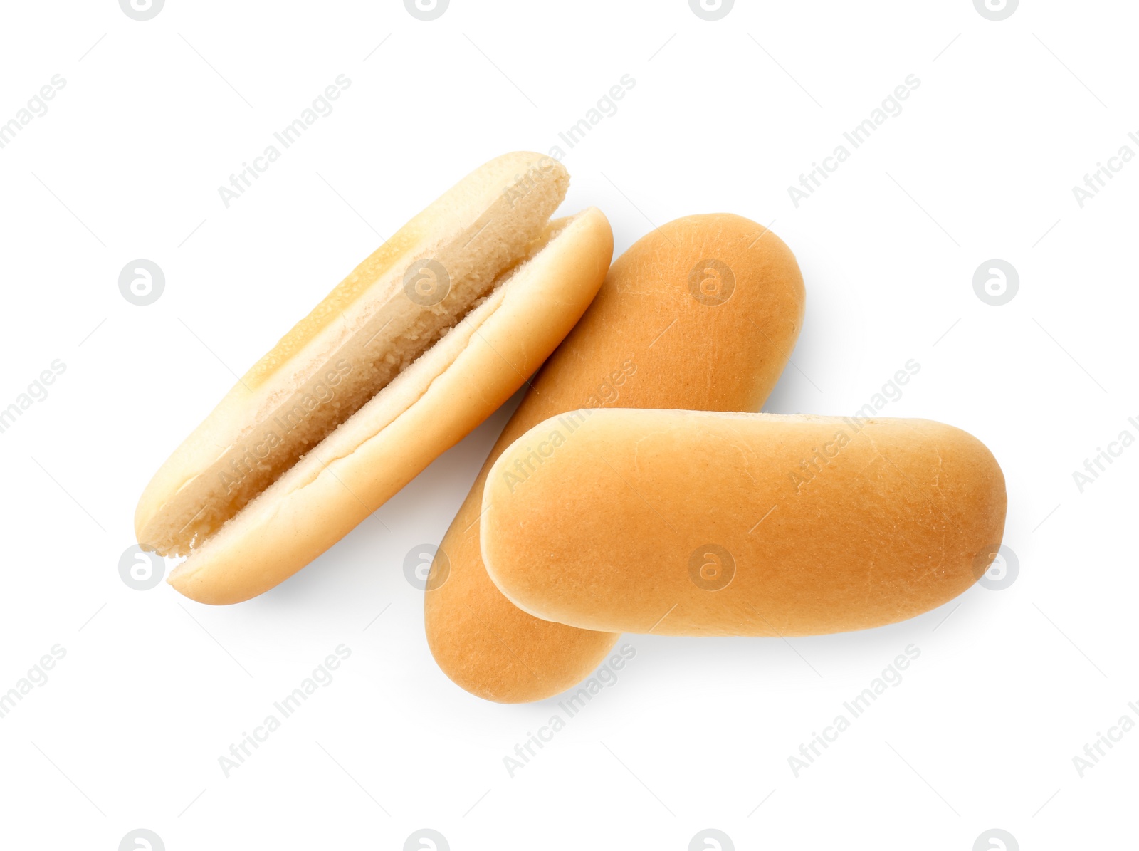 Photo of Three fresh hot dog buns isolated on white, top view