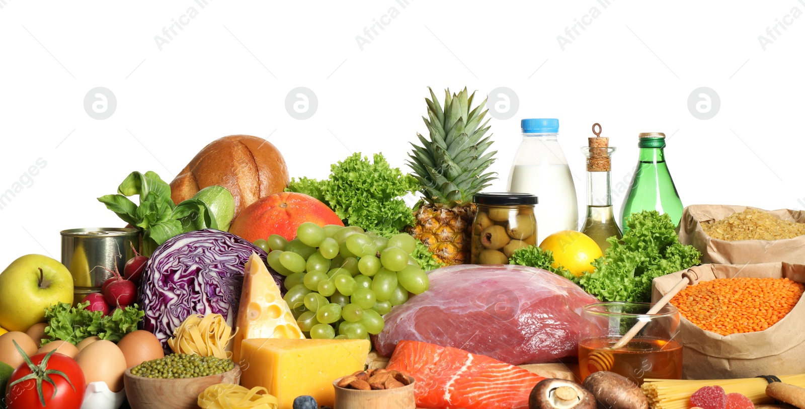 Photo of Different products on white background. Healthy food and balanced diet