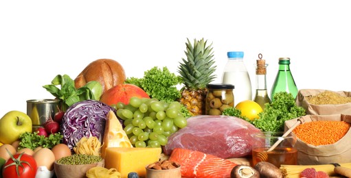 Photo of Different products on white background. Healthy food and balanced diet