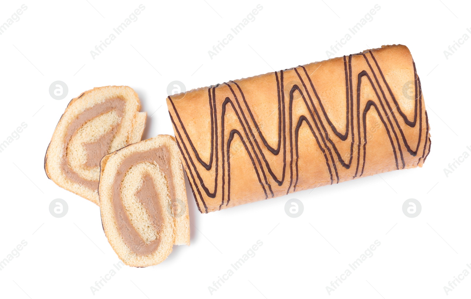 Photo of Tasty cake roll with cream on white background, top view